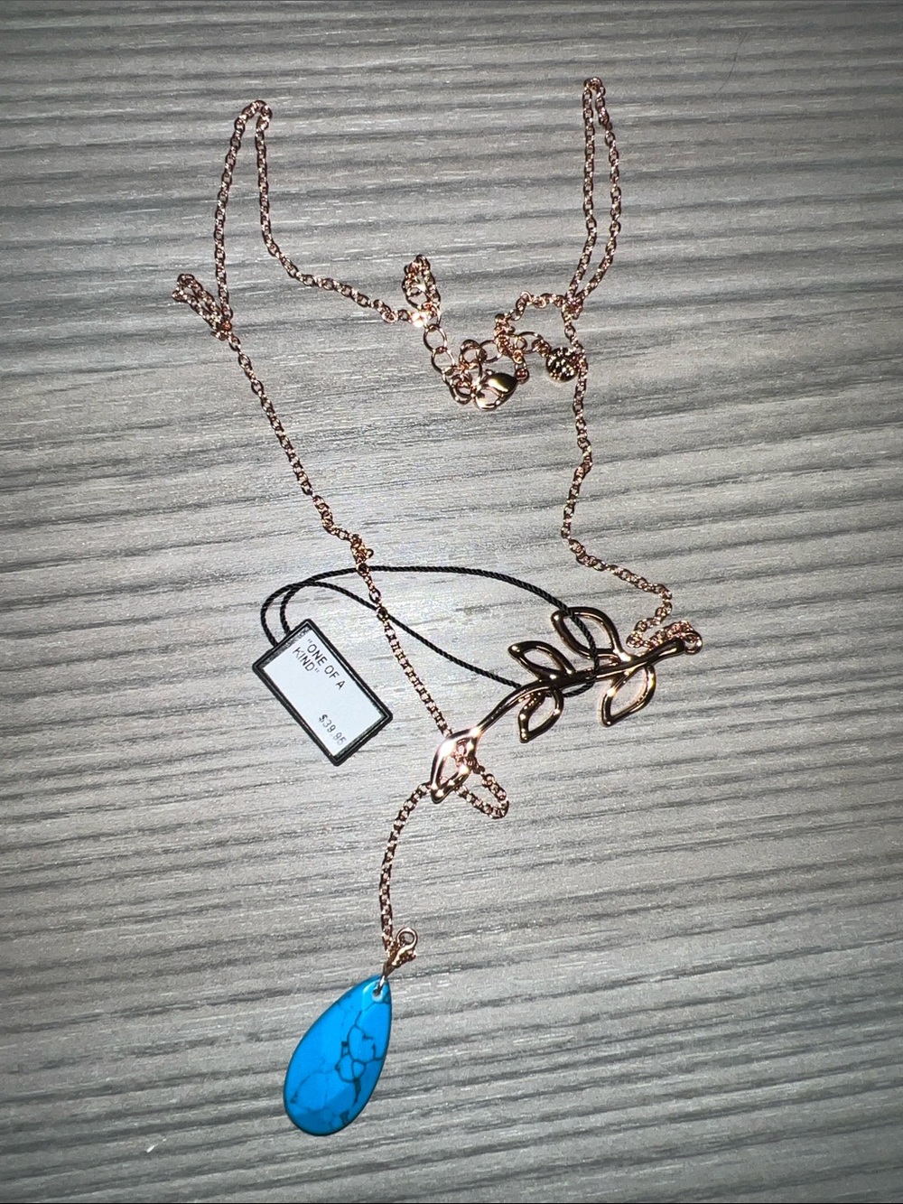 Rose Gold Leaf Necklace with Turquoise Teardrop Accent